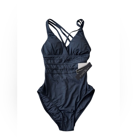 La Blanca Island Goddess Multi-Strap Cross Back One Piece Swimsuit Black size 4 - Picture 3 of 6